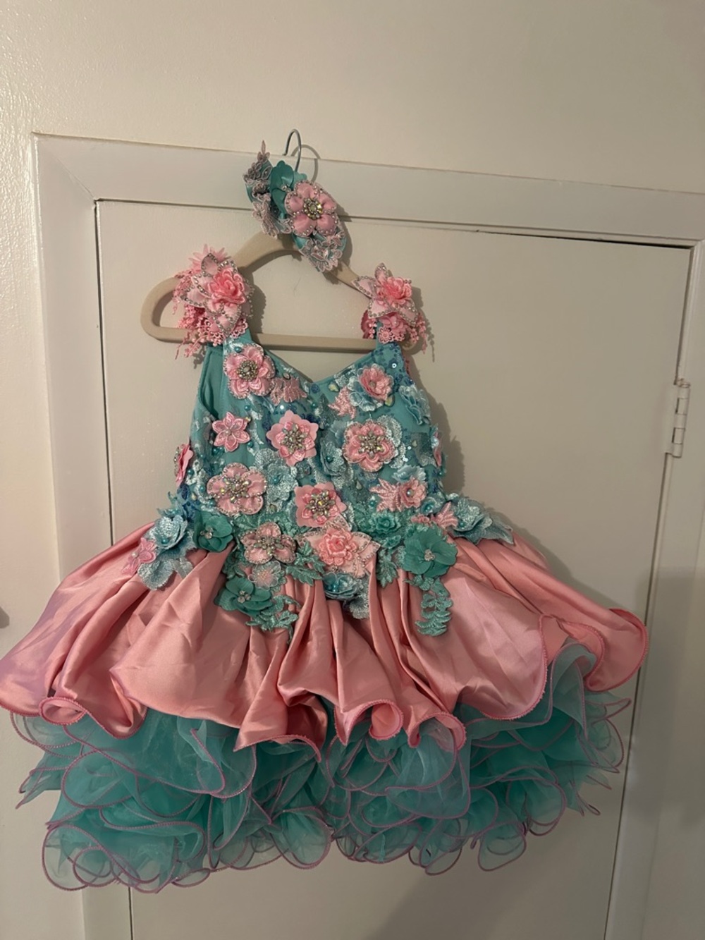 Girls Floral Pink & Teal pageant Dress with bow
